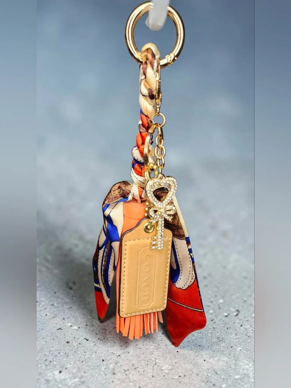 Coach Orange & Blue Scarf Tassel Keychain with Crystal Key & Heart Charm